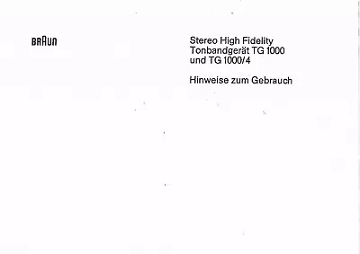 Kaufen Braun Bedienungsanleitung User Manual Für TG 1000 / TG 1000/4 Deutsch Copy • 13€
