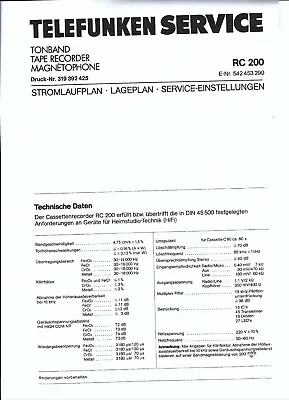 Kaufen Telefunken Service Manual Für RC 200 Mit Rep.-Tipp Copy • 12.50€
