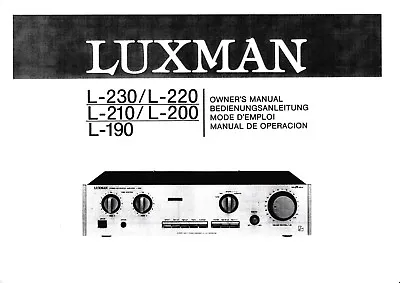 Kaufen Owner's Manual-Anleitung Für Luxman L-190,L-200,L-210,L-220,L-230    • 10€