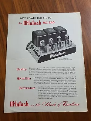 Kaufen McIntosh MC 240 Tube Amplifier, Röhren Verstärker, Broschüre Werbeblatt Original • 30€