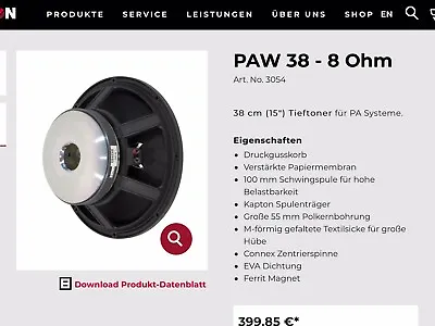 Kaufen 2 PA Basslautsprecher 38 Cm /Subwoofer Chassis Visaton PAW 38 • 290€