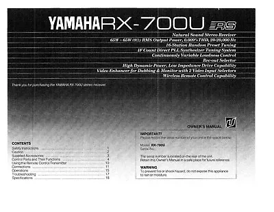 Kaufen Bedienungsanleitung-Operating Instructions Für Yamaha RX-700 U  • 10€
