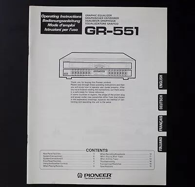 Kaufen Original PIONEER GR-551 Graphic Equalizer Owner's Manual / Bedienungsanleitung • 22€