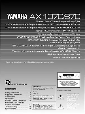 Kaufen Bedienungsanleitung-Operating Instructions Für Yamaha AX-1070, AX-870  • 9€