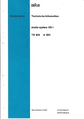 Kaufen Service Manual-Anleitung Für Braun Studio System RS 1,TS 501,A 501  • 12.50€