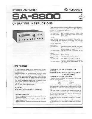 Kaufen Bedienungsanleitung-Operating Instructions Für Pioneer SA-8800  • 9€