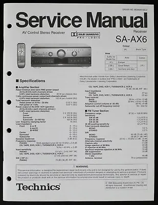 Kaufen Original TECHNICS SA-AX6 AV Receiver Service Manual/Diagram/Parts List O216 • 16.50€