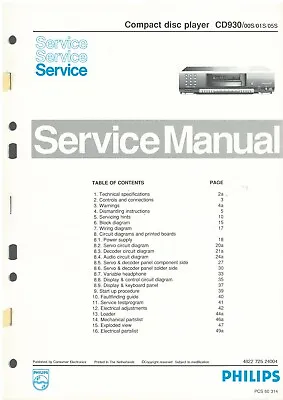Kaufen Philips CD930 Compact Disc Player Service Manual. Original No Copy • 9.95€
