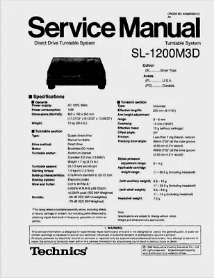 Kaufen Technics SL-1200M3D Plattenspielersystem - Hifi - SERVICEHANDBUCH  • 8.22€