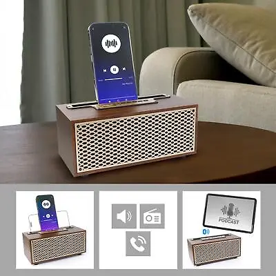 Kaufen Retro Bluetooth Lautsprecher + FM Radio Tragbar Mp3 USB AUX Sound-Box Holz Optik • 29.99€