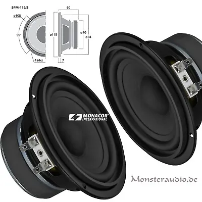 Kaufen 2 X Monacor SPM-116/8 10cm Bass Lautsprecher Tiefmitteltöner 80 Watt 8 Ohm 100mm • 42.99€
