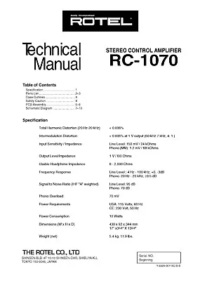 Kaufen Service Manual-Anleitung Für Rotel RC-1070  • 8€