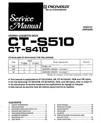 Kaufen Service Manual-Anleitung Für Pioneer CT-S510,CT-S410  • 12€