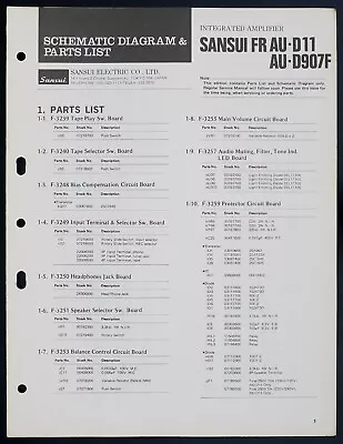 Kaufen Original SANSUI AU-D11 AU-D907F Amplifier Schematic Diagram & Parts List O151 • 39.50€