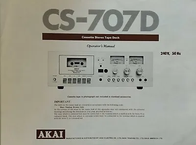 Kaufen Akai CS-707D Stereo Kassette Band Deck Player Bedienungsanleitung BENUTZERHANDBUCH  • 9.44€