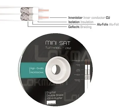 Kaufen [1362] 100m Twin Mini Sat Koax Kabel 2x 0,65 Voll-Kupfer Cable UHD TV Cupfer • 44.35€