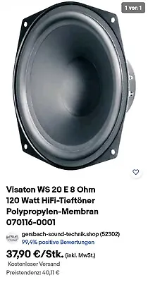 Kaufen Visaton WS 20 E 8 Ohm 120 Watt HiFi-Tieftöner Polypropylen-Membran 070116-0001 • 27.75€