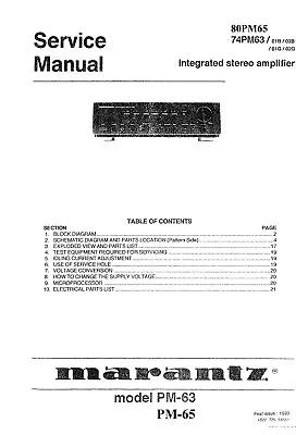 Kaufen Service Manual-Anleitung Für Marantz PM-63, PM-65  • 11€
