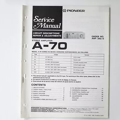 Kaufen Original PIONEER A-70 Stereo Amplifier Service Manual / Service Anleitung • 19€