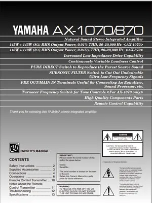Kaufen Yamaha AX-1070/AX-870 Stereo-Verstärker - Bedienungsanleitung - BENUTZERHANDBUCH  • 6.79€