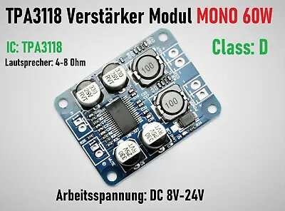 Kaufen Verstärker TPA3118 60W Mono Digital Amplifier Board 8-24V Class D Platine Modul • 6.59€