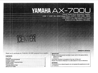 Kaufen Yamaha AX-700U - Stereo-Soundverstärker - Bedienungsanleitung - BENUTZERHANDBUCH  • 6.76€