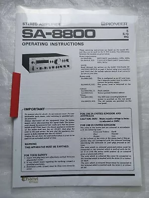 Kaufen Pioneer SA-8800 Stereo Amplifier Operating Instructions • 12.45€