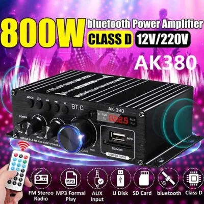 Kaufen 800W Mini HiFi Bluetooth Auto Audio Verstärker Stereo Mit Netzteil Fernbedienung • 19.99€