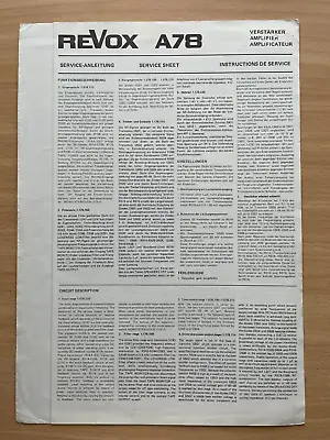 Kaufen Original REVOX A78 Service Sheet Anleitung (from Collection) - TOP! • 39€