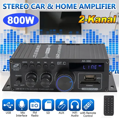 Kaufen HiFi 800W Bluetooth Leistungsverstärker Stereo Audio Subwoofer Amp USB Player • 21.99€