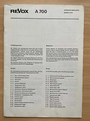 Kaufen Original REVOX A700 Verdrahtungslisten - Wiring Lists  (from Collection) - NEW! • 59€