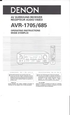 Kaufen Denon User Manual Bedienungsanleitung Für AVR- 1705 / 685 Englisch  Copy • 13.50€