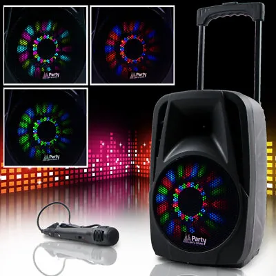 Kaufen 300W Mobile LED Party Sound Anlage Karaoke Bluetooth USB SD Trolley Mikrofon MP3 • 99.50€