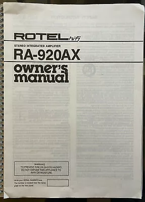 Kaufen Rotel RA-920AX - Owner's Manual !!!! • 9.99€