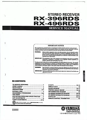 Kaufen Yamaha Service Manual  Für RX-396/496 RDS Englisch  Copy • 13.80€