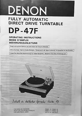 Kaufen DENON DP - 47F FULLY AUTOMATIC DIRECT DRIVE TURNTABLE     27 Seiten • 59€