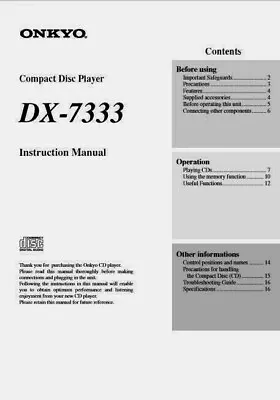 Kaufen Onkyo DX-7333 - Compact Disc CD Player - Bedienungsanleitung - BENUTZERHANDBUCH • 8.13€