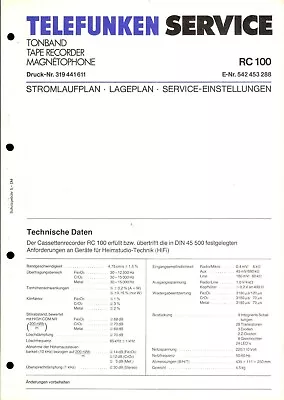 Kaufen Telefunken Service Manual Für RC 100 Copy • 8.40€