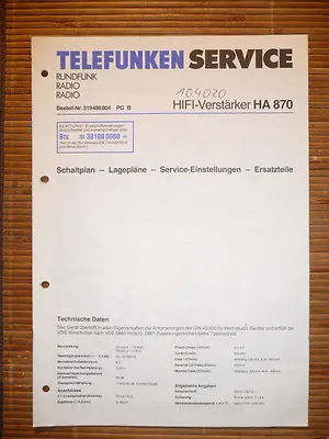 Kaufen Service Manual Für Telefunken HA 870,ORIGINAL • 12.50€