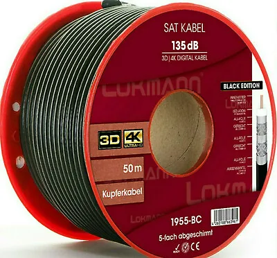 Kaufen 1955-BC Schwarz 50m 135dB KUPFER SAT Kabel Koaxialkabel 5-Fach Ultra HD 4K/8K • 25.95€