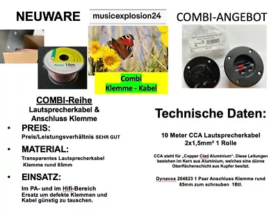 Kaufen COMBI-Angebot Dynavox Klemme 2St.  + 10 Meter CCA Lautsprecherkabel 2x1,5mm² • 9.90€