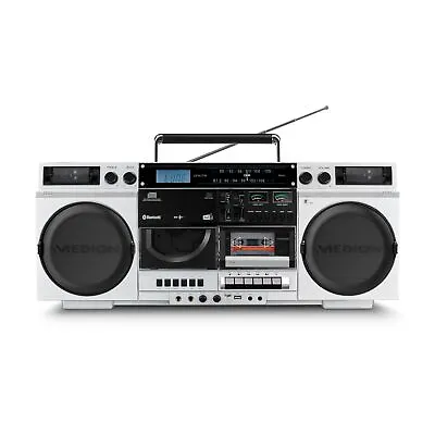 Kaufen MEDION P66538 80er Retro Boombox UKW Stereo Radio CD Kassette MP3 2x 10W Silber • 179.99€