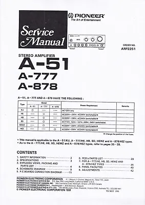 Kaufen Service Manual-Anleitung Für Pioneer A-51, A-777, A-878  • 11€