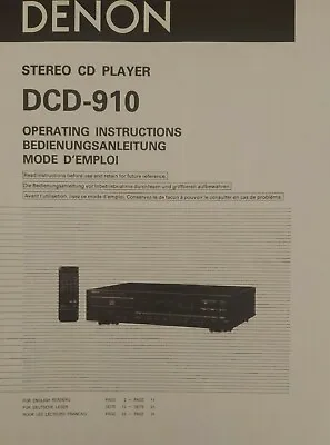Kaufen Denon DCD-910 - Stereo Compact Disc CD Player - Anleitung - BENUTZERHANDBUCH  • 8.30€