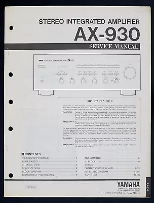 Kaufen Original YAMAHA AX-930 Stereo Amplifier Service Manual/Diagram/Parts List O142 • 18.90€