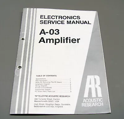 Kaufen Acoustic Research Service Manual: AR A-03 Voll-Verstärker / Integrated Amplifier • 15€