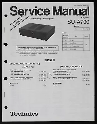 Kaufen Original TECHNICS SU-A700 Amplifier Service Manual / Verstärker Anleitung  O187 • 16.50€