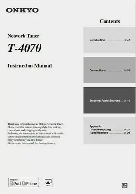 Kaufen Onkyo T-4070 - Netzwerk Radio Tuner - Bedienungsanleitung - BENUTZERHANDBUCH  • 8.30€