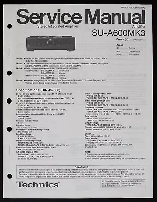 Kaufen Original TECHNICS SU-A600MK3 Amplifier Service Manual / Anleitung  O187 • 16.50€